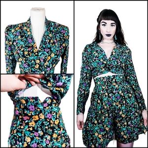 Vintage 1990s Rampage Two Piece Dark Floral Matching Blazer Shorts Co-Ord Set